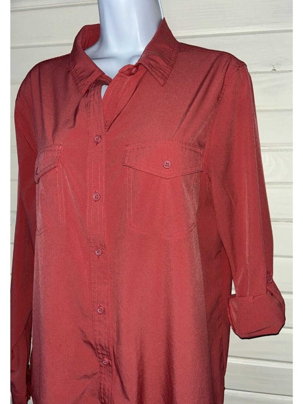 Eddie Bauer Sz LARGE Salmon Red Departure Shirt Performance Button Up EUC